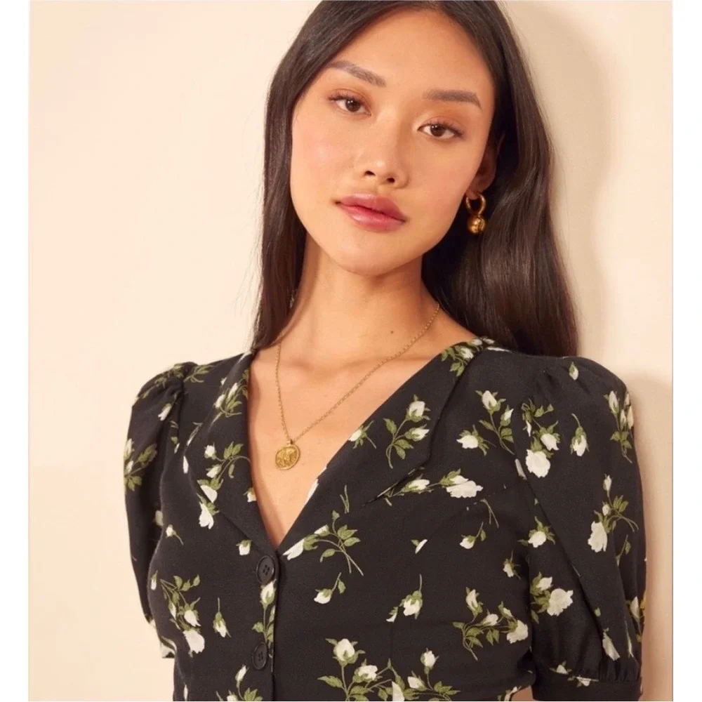 Reformation Monaco Top S Rosalee Black Floral Puff Sleeve Boho Office